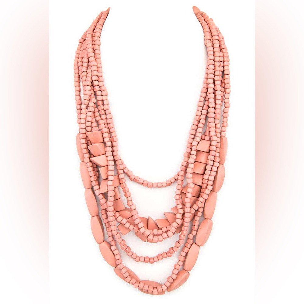 Pink Layered Wood Beaded Statement Necklace